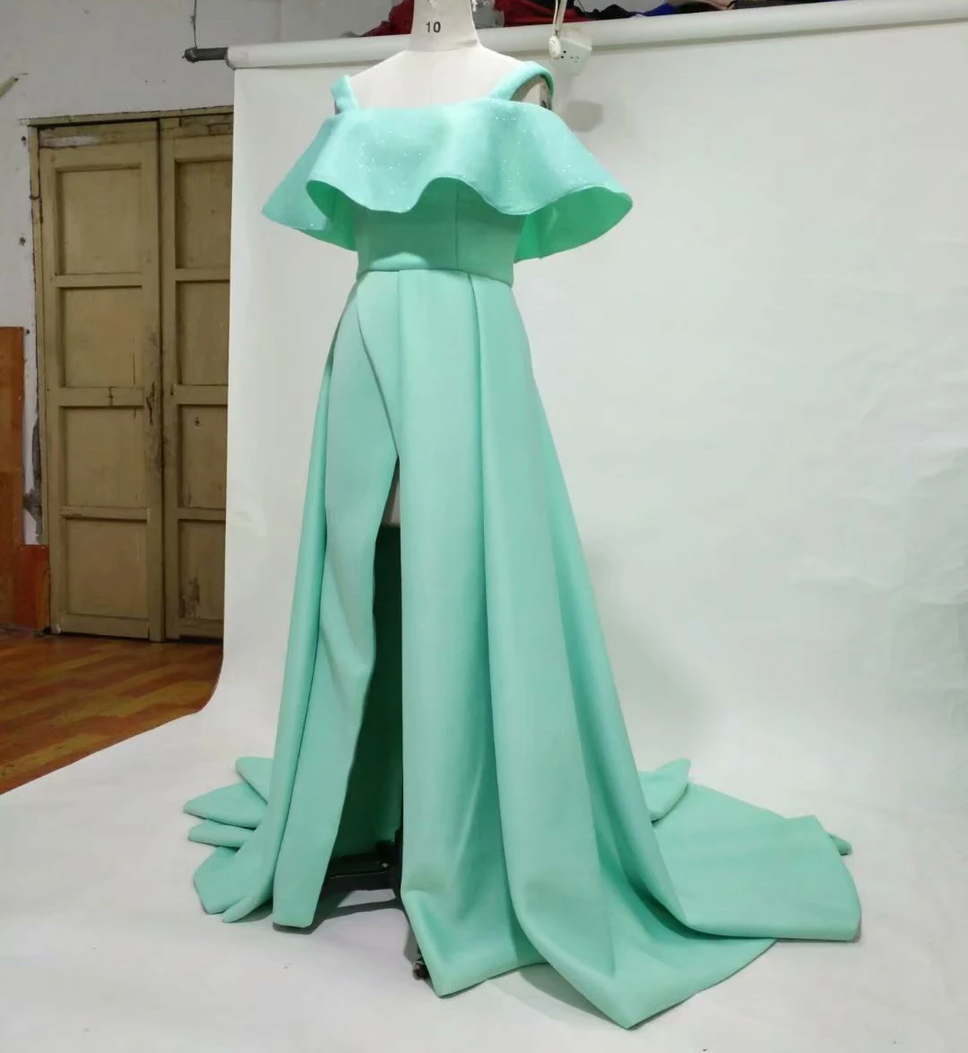 Menta verde Volantes vestidos de fiesta de вечернее платье Элегантное мятно-зеленое платье на бретельках с оборками, вечернее платье с высоким разрезом