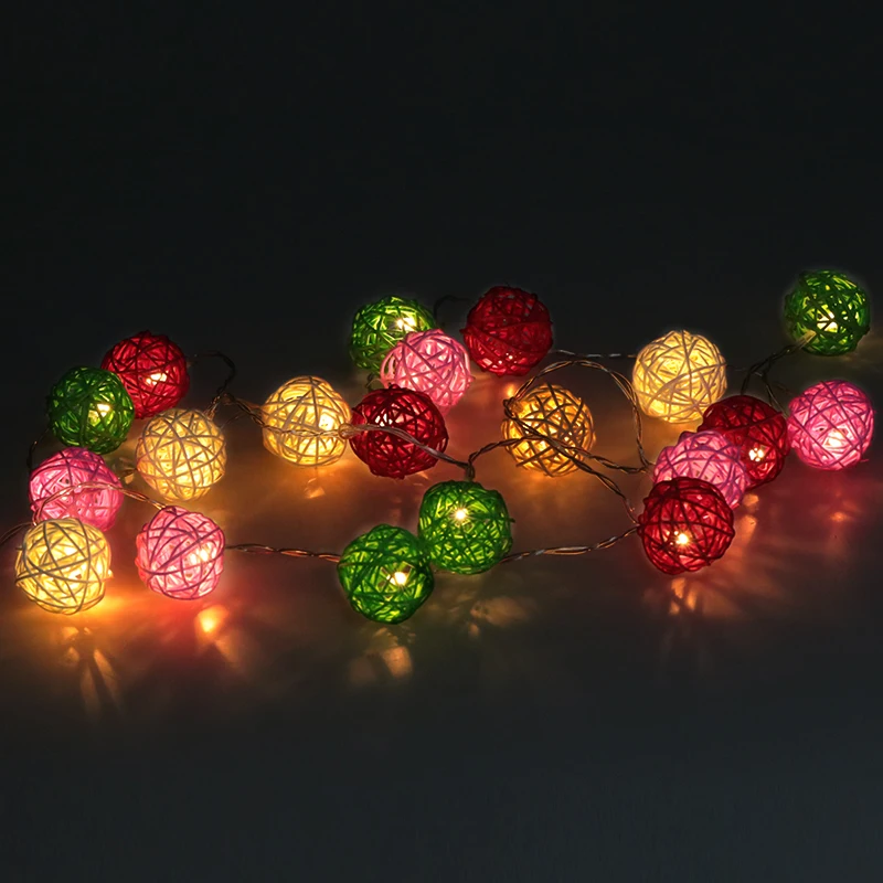 Светодиодный фонарь на батарейках, 2 м, 20 шт., белые шары из ротанга ручной работы, гирлянды, сказочные, вечерние, свадебные, для патио, Рождественский Декор - Испускаемый цвет: Multi color