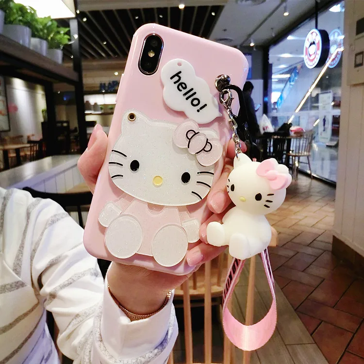 

For iPhone X/7 8 6 6s plus case Hello kitty For samsung galaxy s8 plus s6 s7 edge case cartoon mirror cover + stand doll + rope