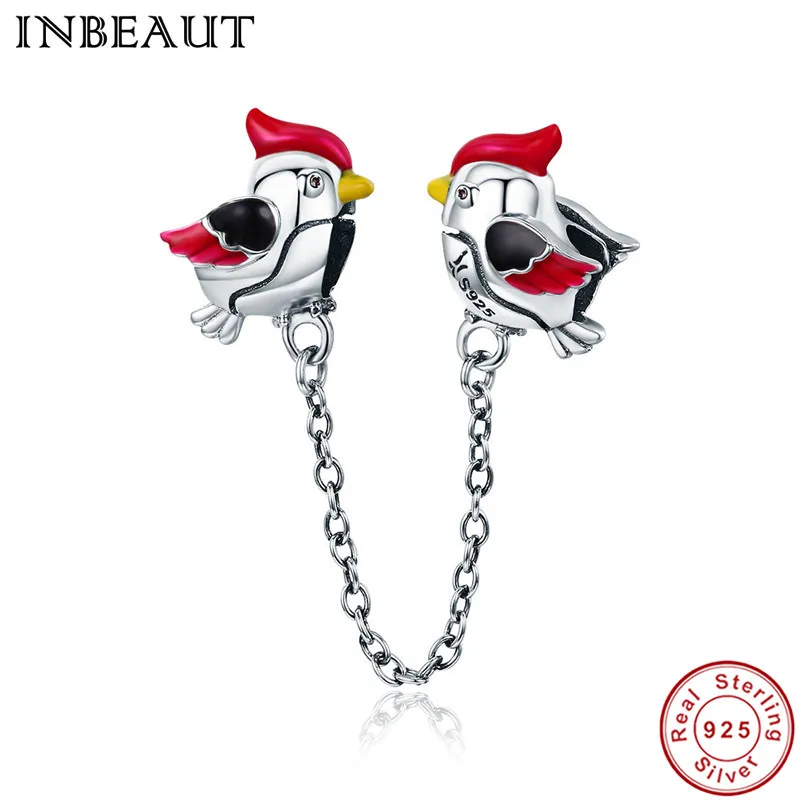 

INBEAUT New Hot Sale Genuine 925 Sterling Silver Black Red Enamel Little Bird Beads Safety Chain Charm fit Pandora Bracelets