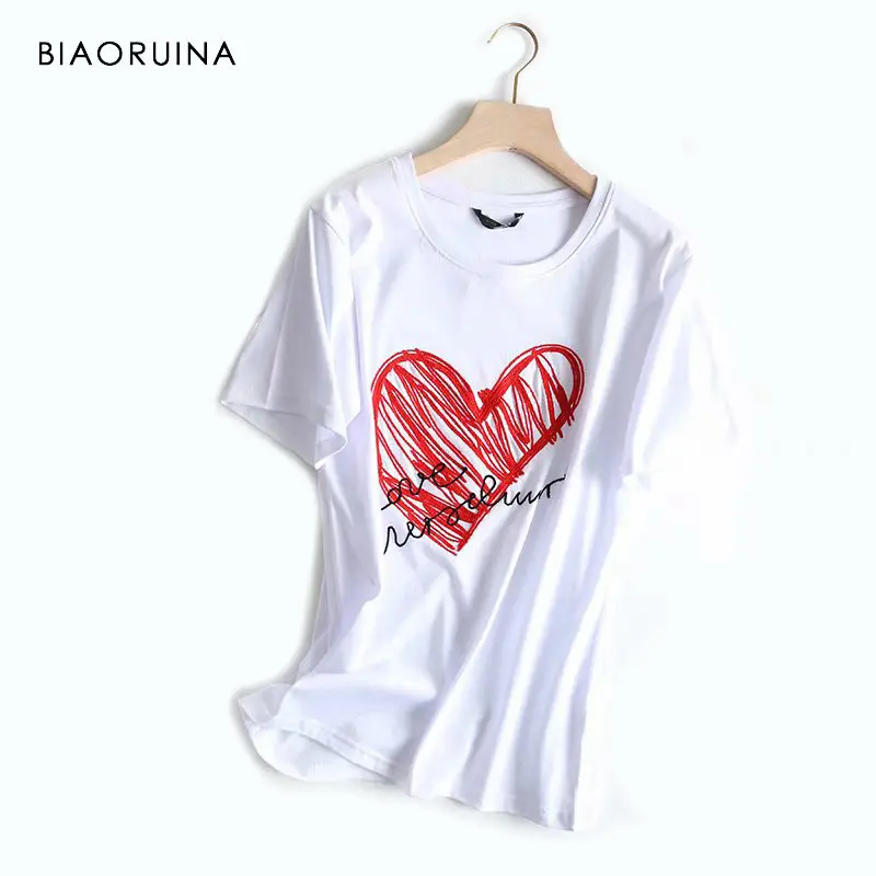 BIAORUINA, Женская Повседневная футболка с вышитыми сердечками и буквами, хлопковые футболки, женская модная Универсальная футболка с коротким рукавом и круглым вырезом - Цвет: Белый
