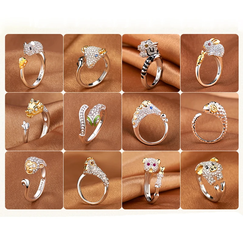 

Chinese Zodiac Auspicious Animal Ring Inlay CZ Zircon Silver Color Female Models Jewelry Adjustable Opening Ring For Women child