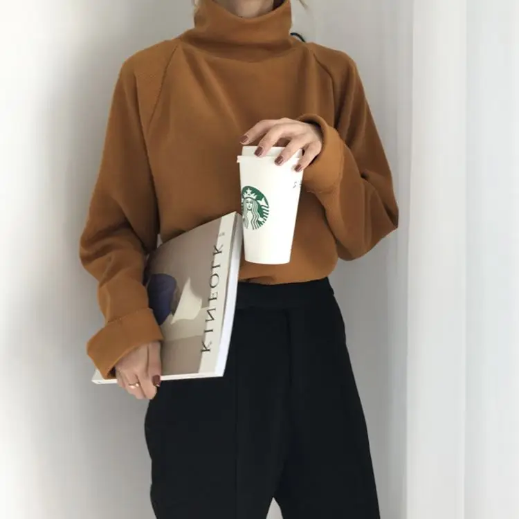 Caramel Color TAOVK Для женщин высокий воротник, длинный рукав, Вязанная одежда Для женщин свободный однотонный низ свитера и пуловеры - Цвет: Caramel Color