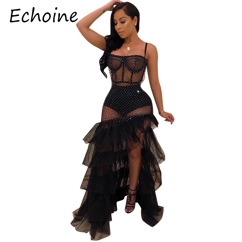 

Echoine Sexy Sheer Mesh Dress Diamond Decor Spaghetti Straps Split See Through Slinky Bodycon Long Dress Party Night Clothing V