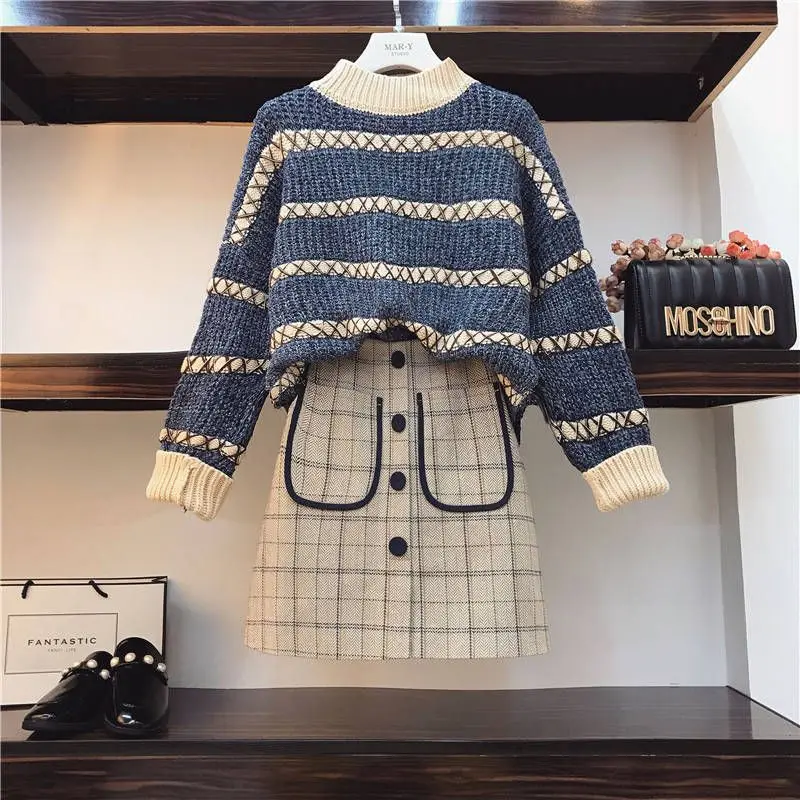 

Autumn Winter Women 2 Two Piece Sets Female Casual Knitted Sweater Tops + Plaid Suit Set Ladies Vintage Tracksuit Clothing F168