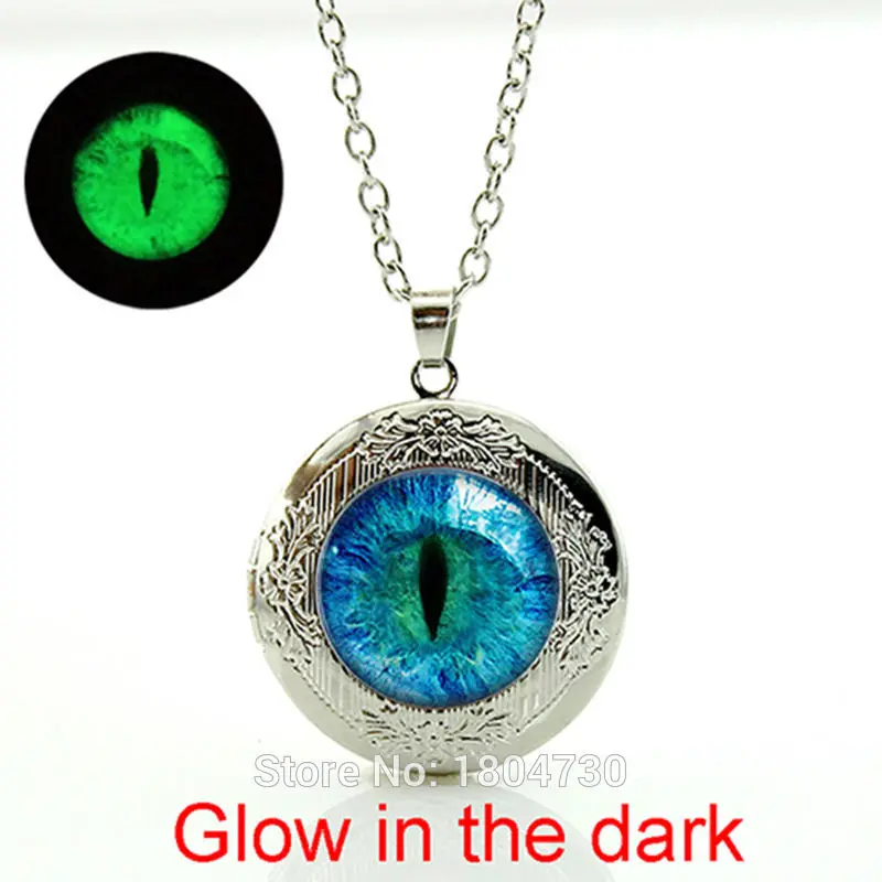Glass Gem Cat eye Art Picture Locket Necklace Glowing in the dark pendant Necklace Blue choker necklace fashion jewelry WNK264