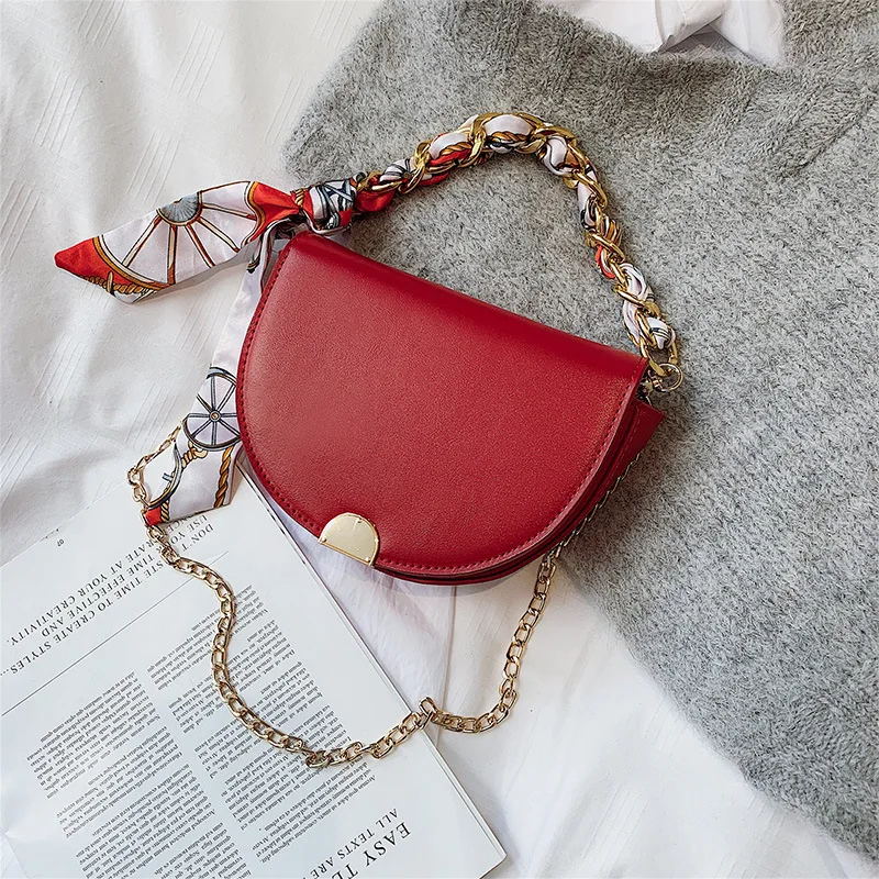

OLOEY New women's pu saddle bag tide wild slanting shoulder bag fashion chain silk scarf handbag female