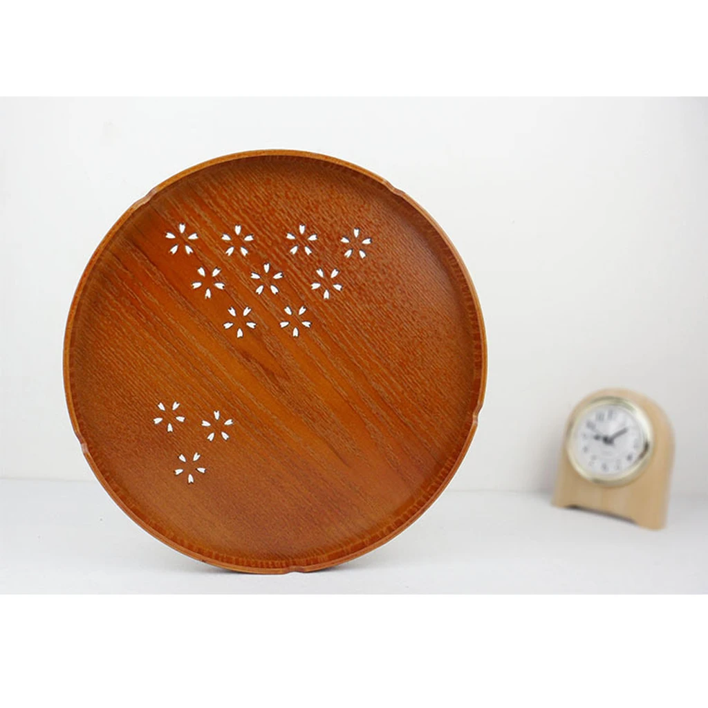 6 Types Serving Tray Wooden Tray Japanese Style Tea Home Hotel Guest Room Dish Round Wood Trays with Hollowed-out Cherry Blossom