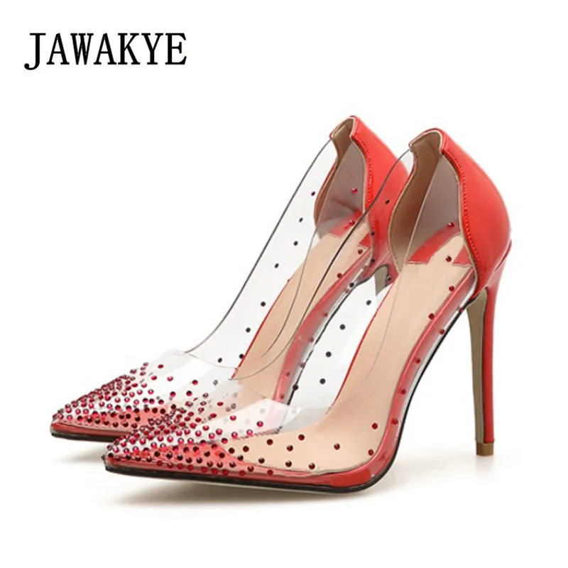 

2019 New Elegant Clear PVC Crystal Studded Women Pumps Pointed Toe Thin High Heels Shoes Ladies Sweet Party Dress Shoes