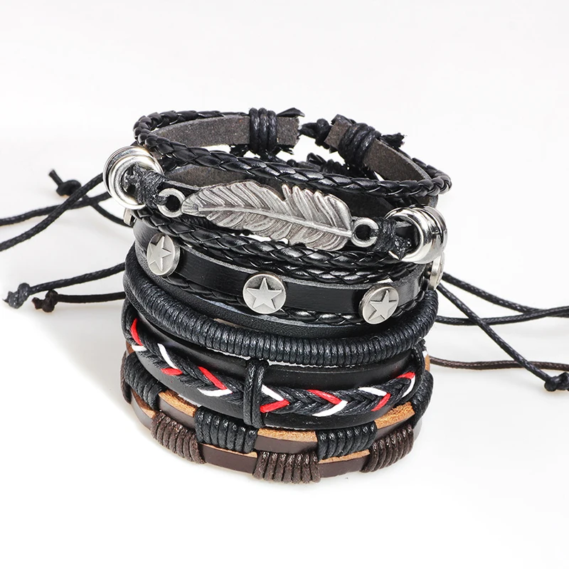 Vintage Leaf Feather Charm Leather Bracelet Set for Men Women Classic Multilayer Handmade Braided Rope Bracelets Bangles Jewelry