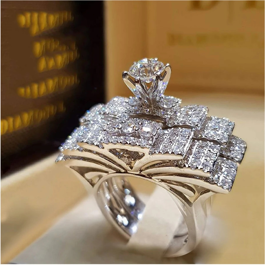 Набор женских кристальных белых круглых колец в стиле бохо, Брендовое роскошное серебряное обручальное кольцо 925 пробы, винтажные Свадебные Кольца для женщин