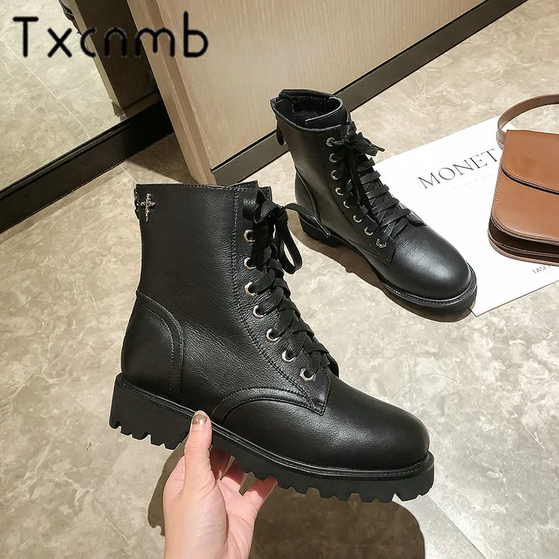 

TXCNMB Fashion Boots Women Ankle Boots Round Toe Autumn Winter Warm High Heels Shoes Woman Punk Cow Leather Motorcycle