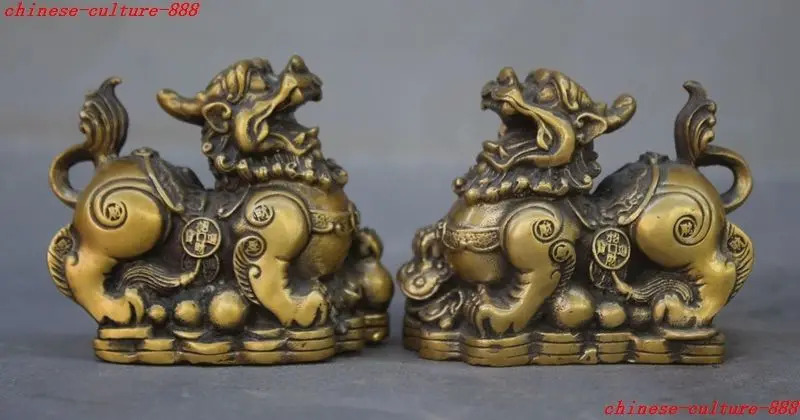 

christmas mini old chinese fengshui bronze wealth money coin lion fu dog beast statue pair halloween