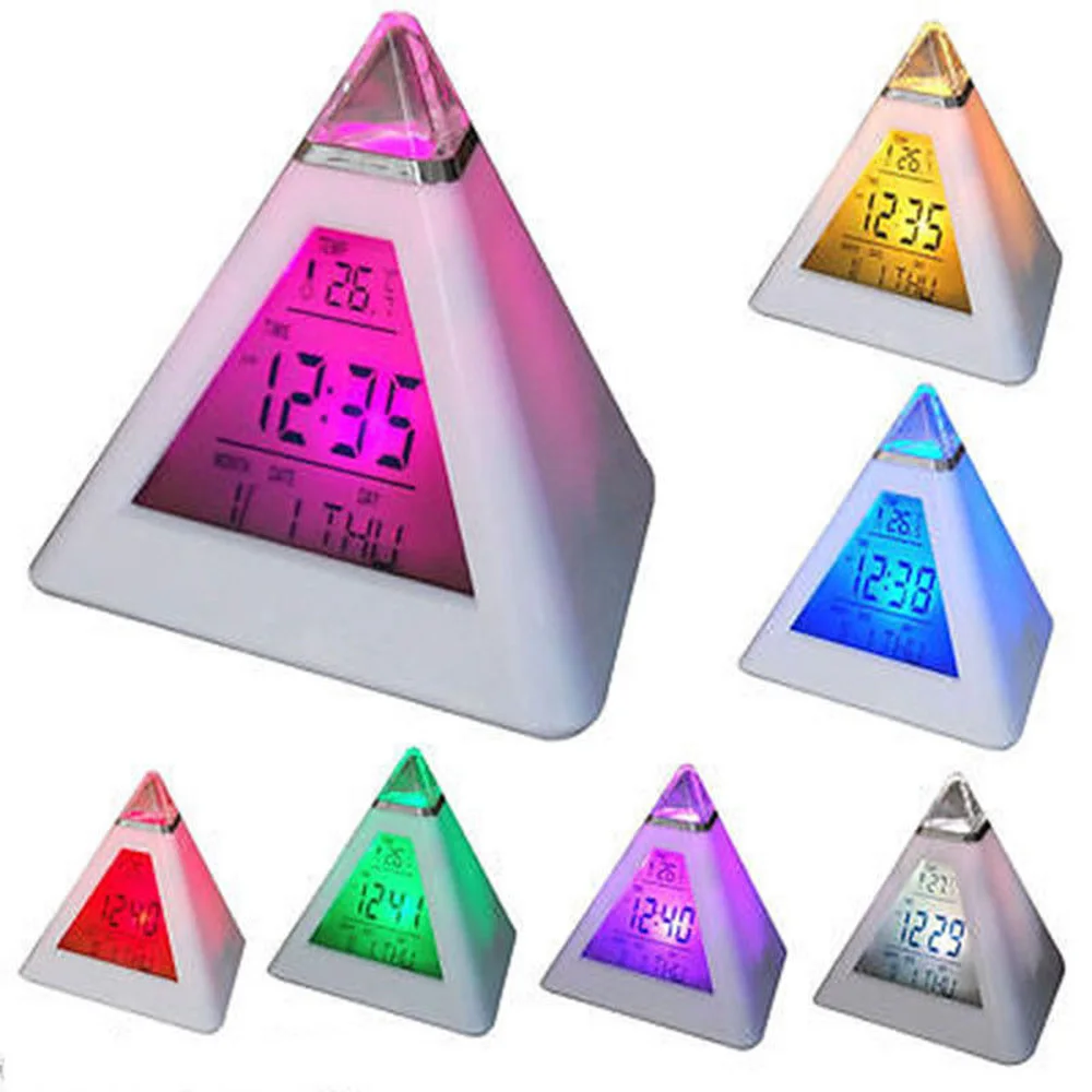 

New Qualified Dropship Pyramid Temperature 7 Colors LED Change Backlight LED Moon Alarm Clock Pyramid mood clock