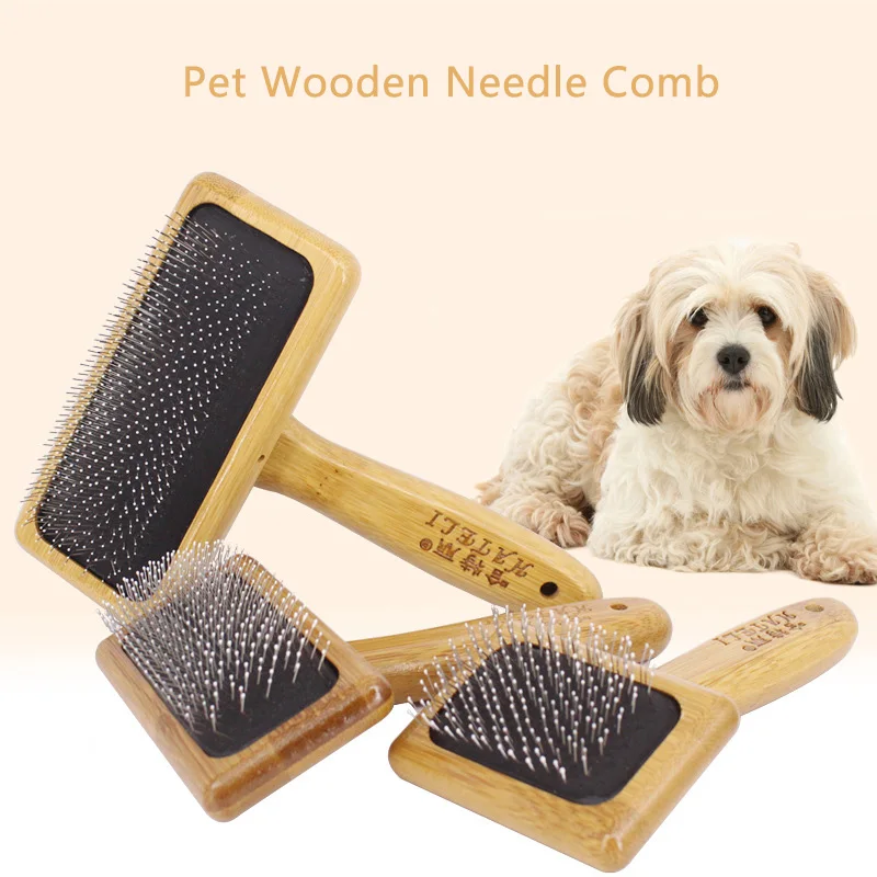 HE 1 Pcs Multi-purpose Wooden Needle Comb for Dog Cat Pet Hair Beauty Grooming Tool Stainless Steel Pin Brush Dog Hair Brush