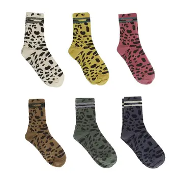 

Women Girls Spring Harajuku Vintage Leopard Printed Long Crew Socks Glitter Double Stripes Patchwork Rib Trim Cotton Tube