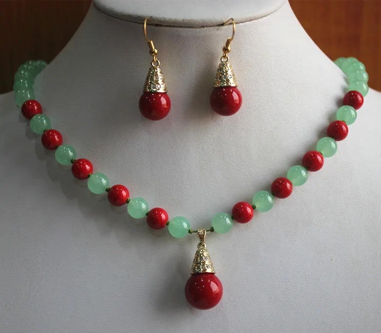 

hot sell new - Wholesale 8mm jade mixed red pearl simple design necklace+red pearl hook earring&pendant necklace jewelry set
