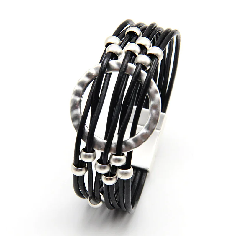 ZG, кожаный браслет, очаровательный кожаный браслет с имитацией бусин, 2 слоя, Женские Ювелирные изделия, подарок в ковбойском серебряном цвете - Окраска металла: black