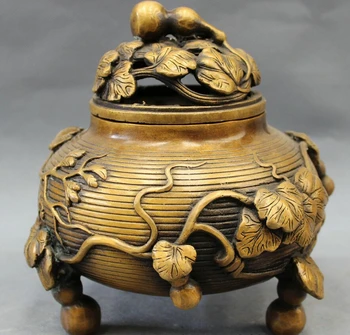 

song voge gem S2545 Chinese Bronze FengShui Folk Longevity Shou Gourd Statue Incense Burner Censer