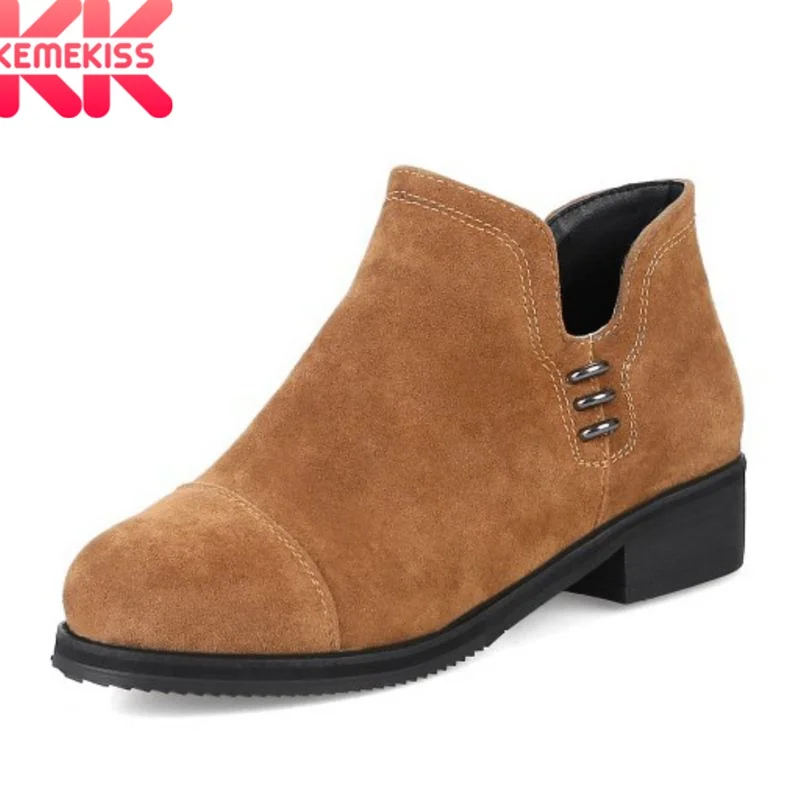 

KemeKiss Plus Size 32-48 Sexy Women Ankle Boots Metal Round Toe Flock Leather Flats Boots Warm Winter Shoes Women Footwear