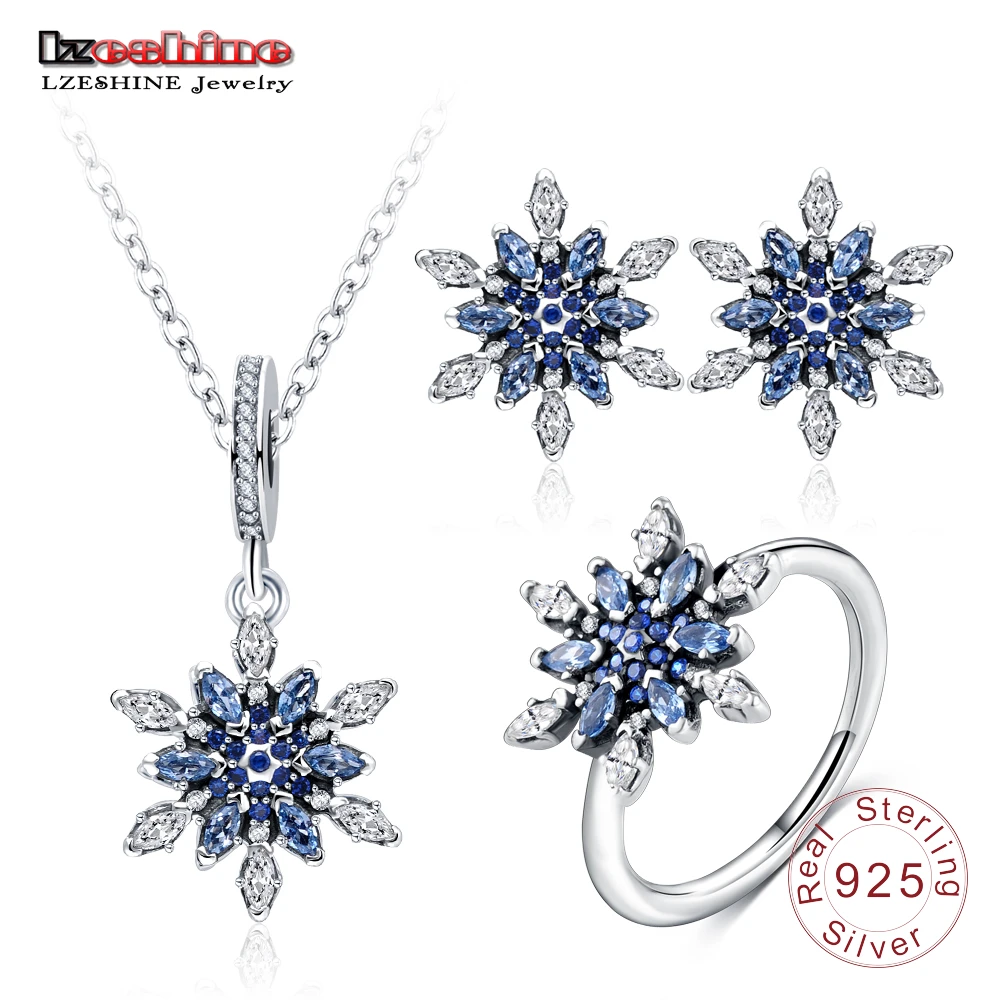 

LZESHINE 100% 925 Sterling Silver Snowflower Pendant/ Earrings /Ring 3pcs Set with AAA CZ Stone Christmas Jewelry Gift PSST0013