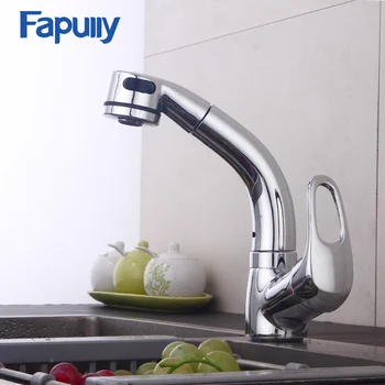 

Fapully Chrome Kitchen Faucet Pull Out Cold and Hot Mixer Tap Single Hole Ceramic Valve Deck Mount Swivel Spout Faucets 546-33C