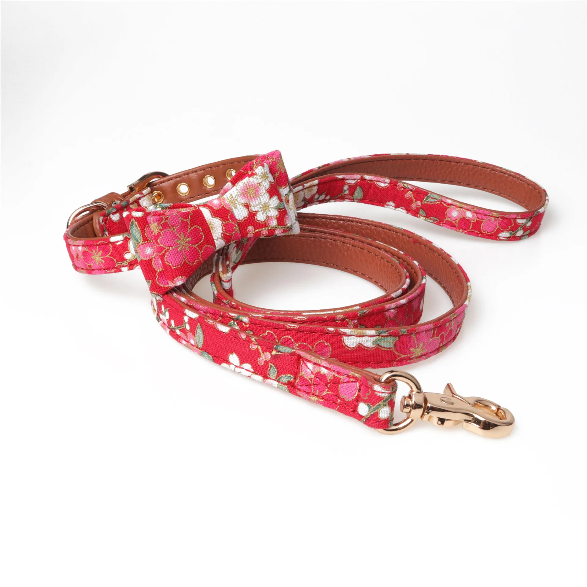 Dog Collar PU Leather Bow Flower Print Dog Leash Adjustable Bandana Pet Collar
