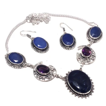 

Sodalite,Amethysts,Sapphires Necklace + Ering Silver Overlay over Copper , 47.6 cm, N4015