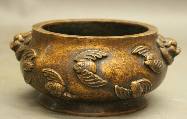 

wholesale factory Folk Chinese Bronze Collect Auspicious Bat Lion Head Statue Incense Burner Bowl