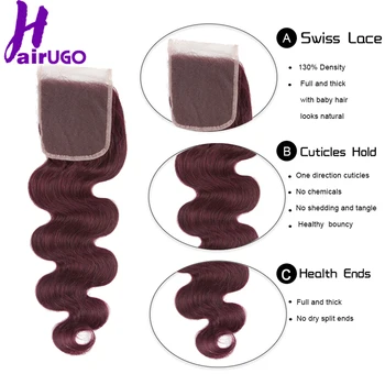 HairUGo Malaysian Body Wave Hair Bundles With Closure 99J Burgundy Ombre Human Hair Bundles With Closure Non Remy Hair Weaving 5