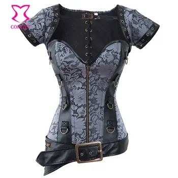 

Gothic Silver Brocade & Faux Leather Steel Boned Corset Steampunk Clothing Waist Slimming Corsets and Bustiers Burlesque Outfits