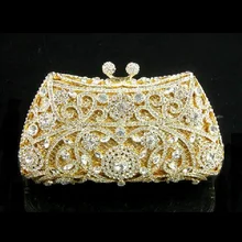 #8131 Crystal Flower Floral Wedding Bridal Party Night Golden hollow Metal Evening purse clutch bag case box handbag