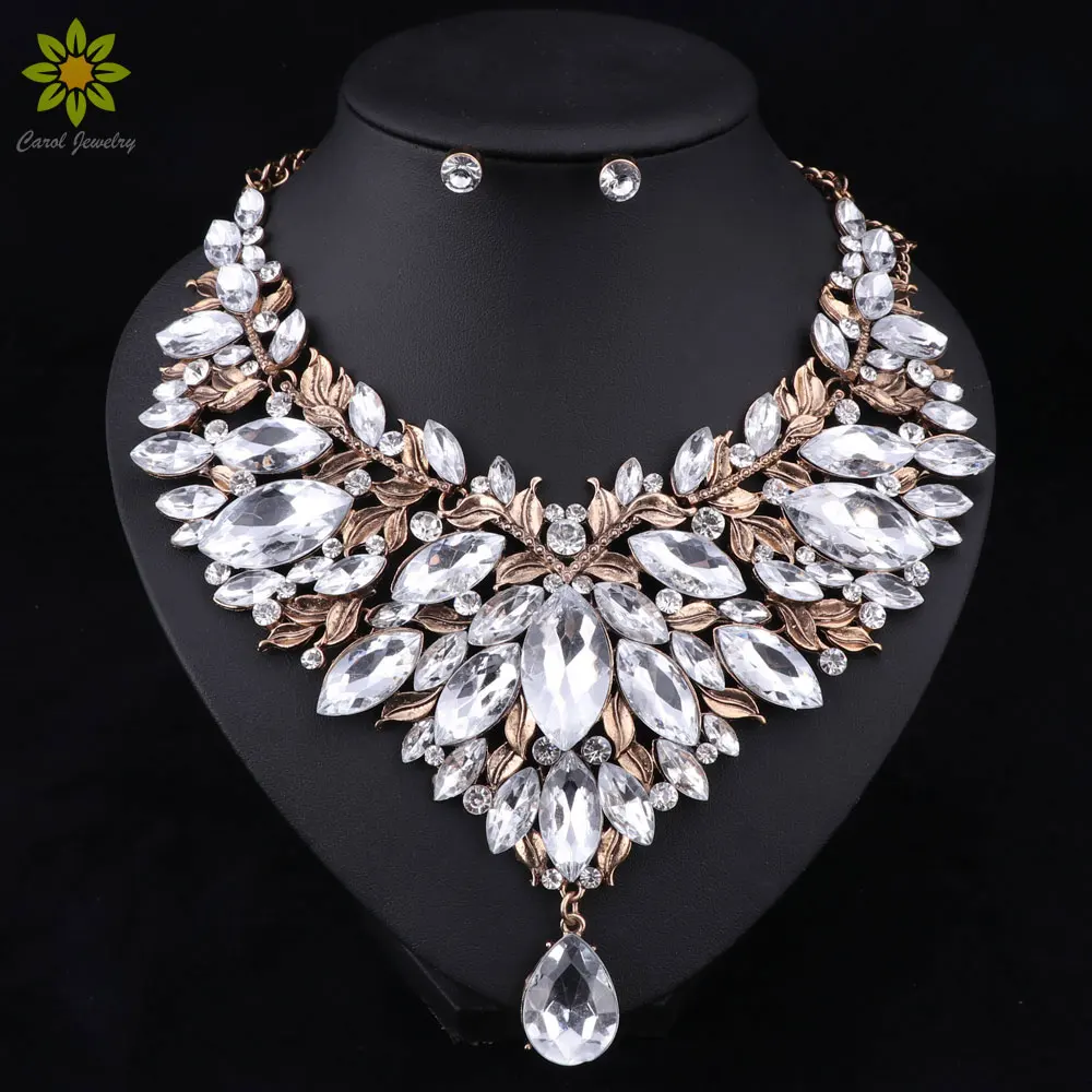 Retro Style Nigerian Wedding African Beads Jewelry Sets White Crystal Necklace Earrings Set Party Dubai | Украшения и аксессуары