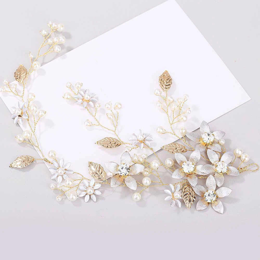 

New bride short style bridal hair jewelry gold leaf pearl handcraf pure bride headbands headdress