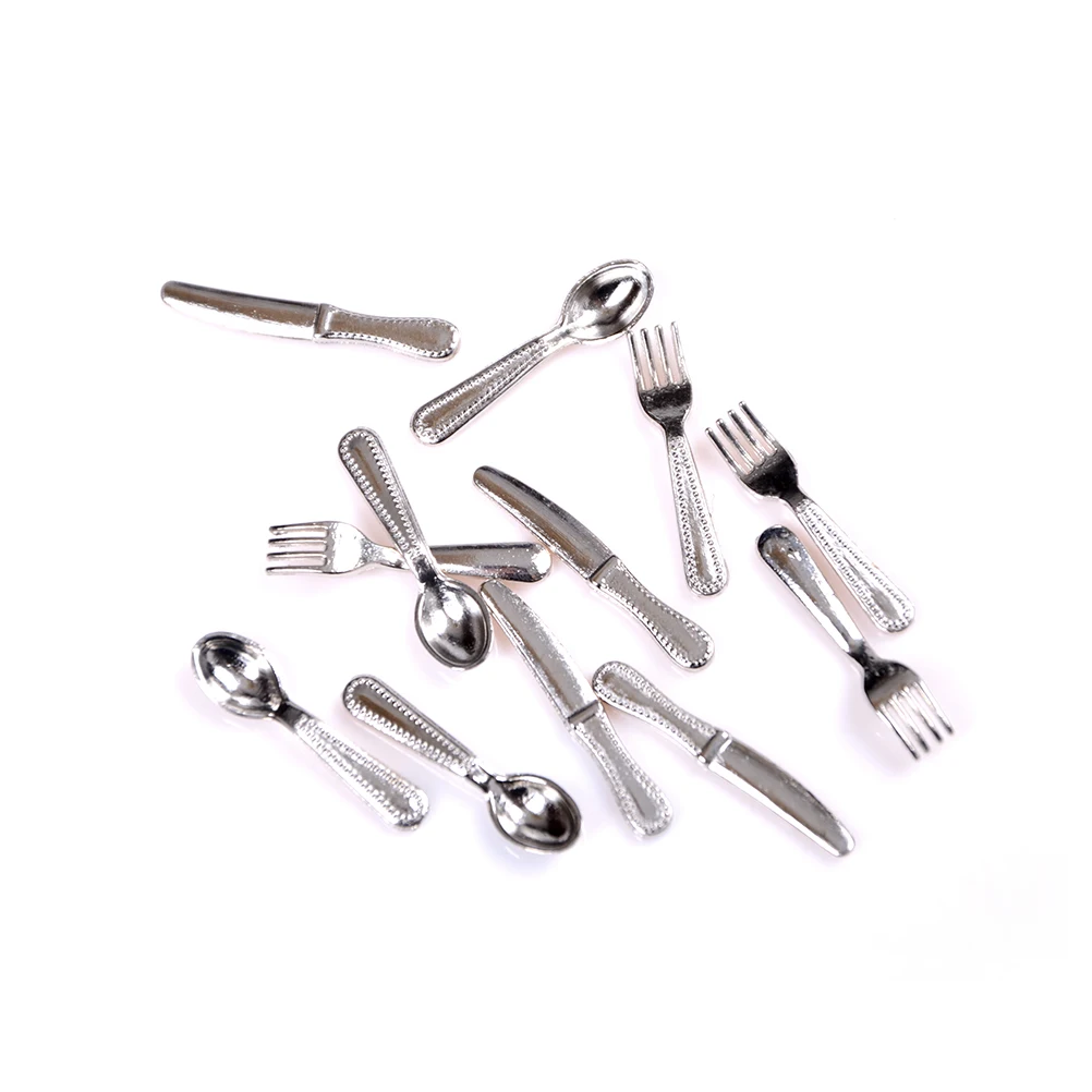 12PCS/set Vintage Mini Cutlery Knife Fork Spoon Dollhouse Miniatures Tableware Childrens Toy Doll House Decor 2Colors