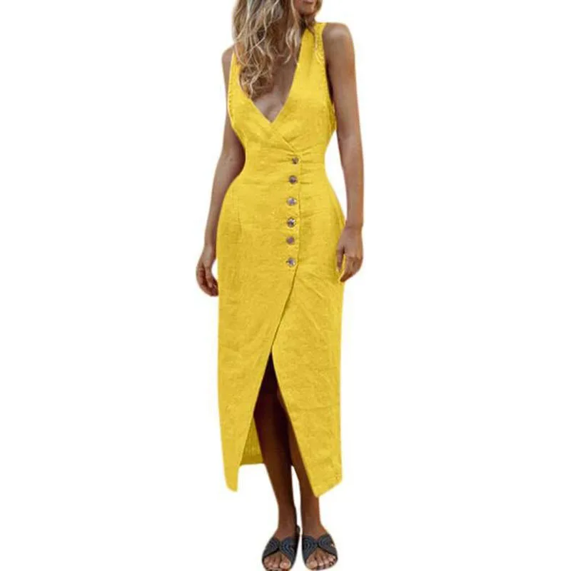 

Amazon AliExpress wish European and American-style foreign trade solid color multi-color WOMEN'S sleeveless cotton linen button