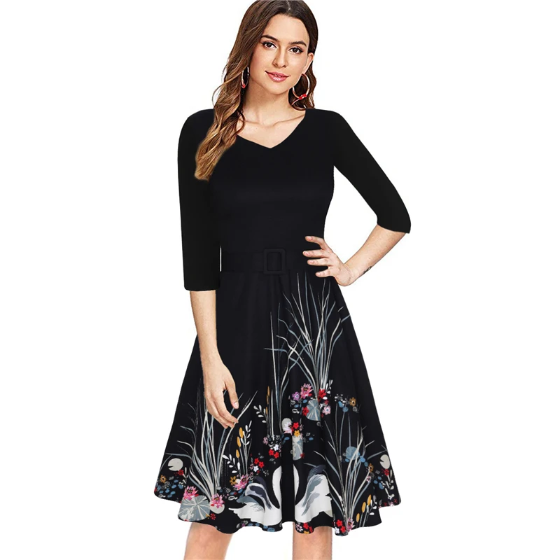 

New women's V-neck print retro large size dress temperament dress 2019 spring and summer fashion casual office lady dress B277