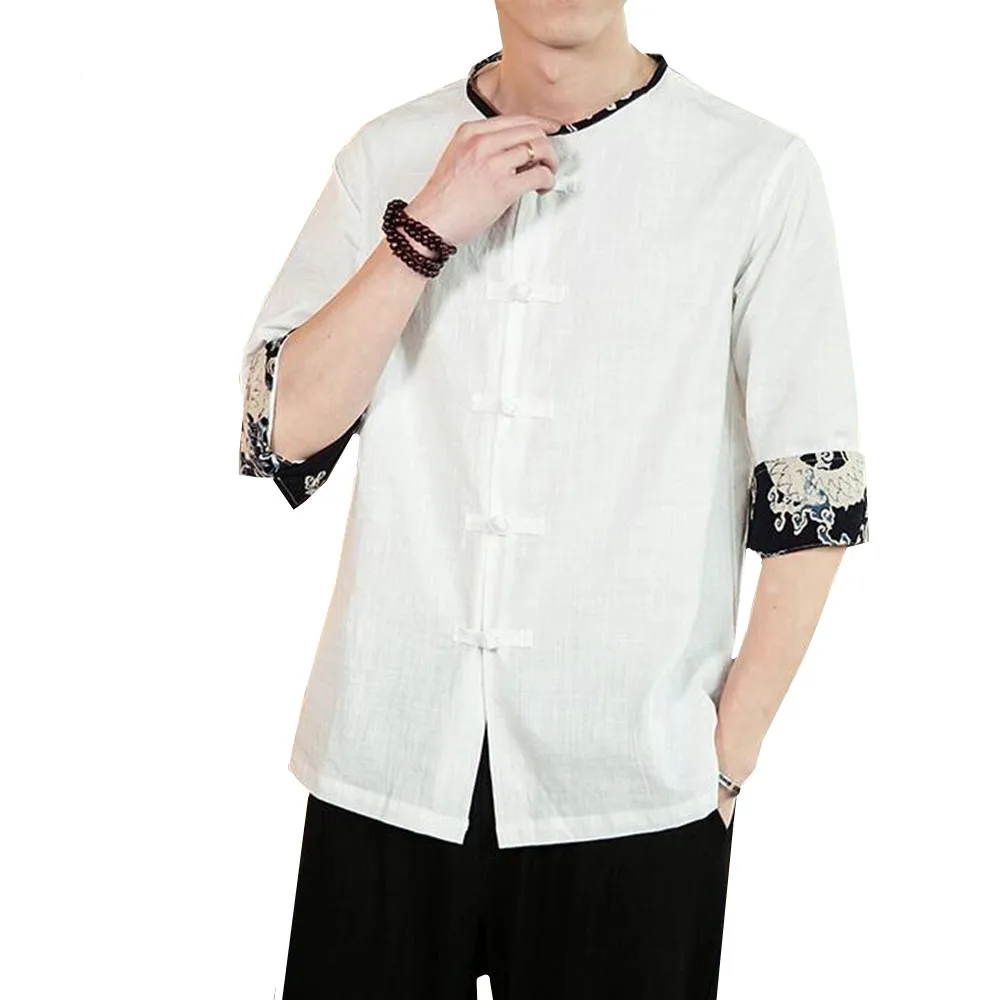 

Chinese Style Mens Shirts Casual Round neck 3/4 Sleeve Button Shirt Male Summer Cotton Ethnic Kung Fu Tang Casual Plus Size 5XL