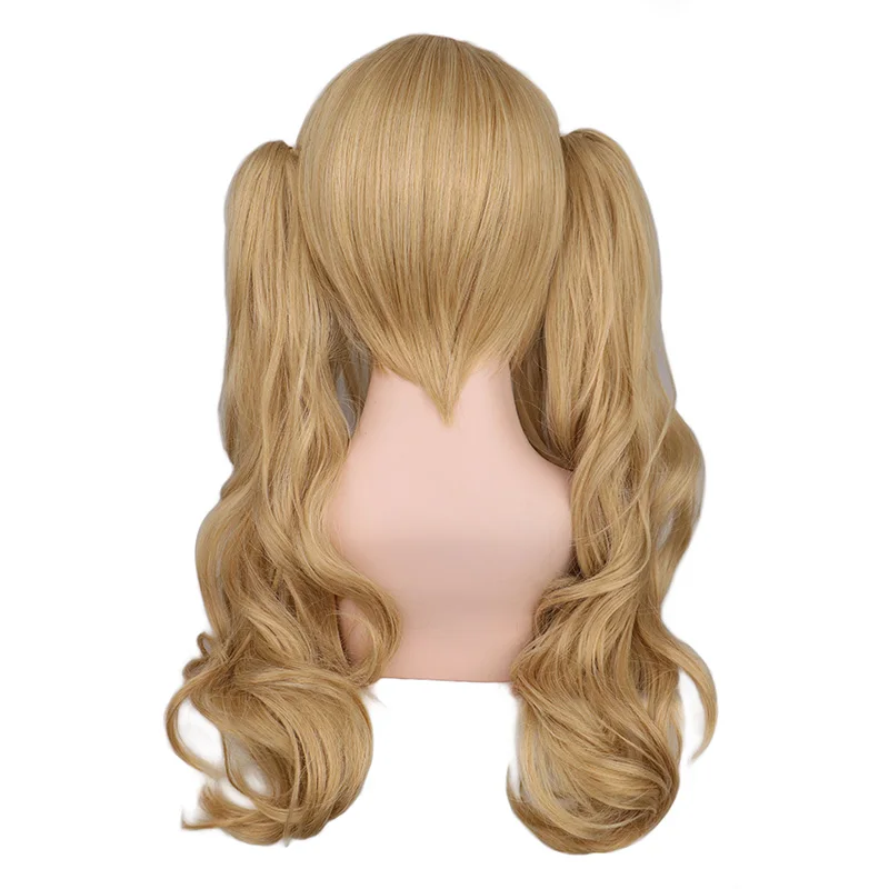 QQXCAIW Cosplay largo ondulado mezclado rubio con 2 colas de caballo 50 Cm pelucas de pelo sintético