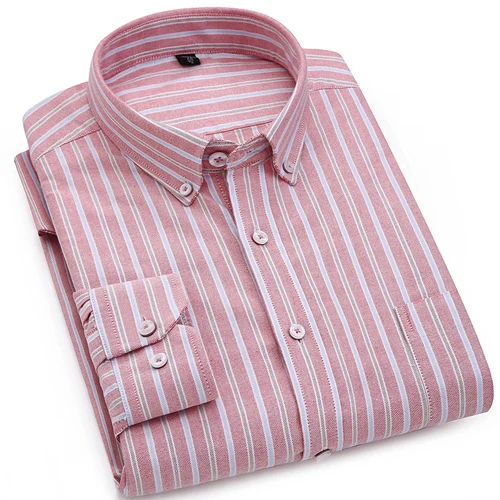 Мужские хлопковые рубашки в полоску с длинными рукавами в Оксфордском стиле, на пуговицах, в клетку, с нагрудным карманом, Повседневная рубашка для офиса - Цвет: 6520-30