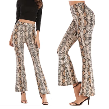 

Design High Waist Women Snakeskin Leopard Pants Wide Leg Long Flare Bell Bottom Trouser Fashion Ladies Autumn Pants
