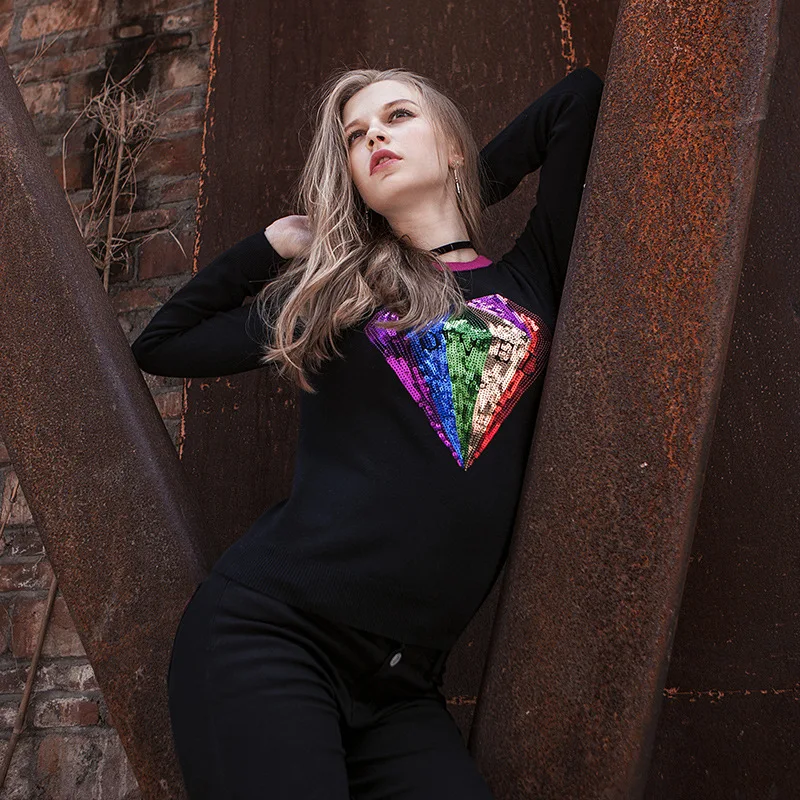 Western Style Thin Sweaters Women Round Collar Long-sleeved Sequins Wearing A Bottom Knitted Velvet Black Sweater Women 2019