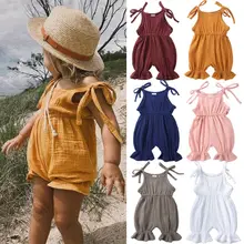 Комбинезон для новорожденных девочек; мягкий хлопковый комбинезон; Летний комбинезон без рукавов на бретелях для малышей; Однотонный комбинезон с расклешенными штанинами; комбинезон; От 0 до 3 лет