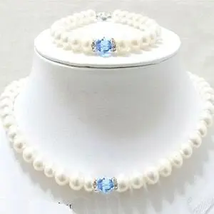 

7-8mm FW White Pearl Blue Crystal Necklace Bracelet SHIPPING FREE