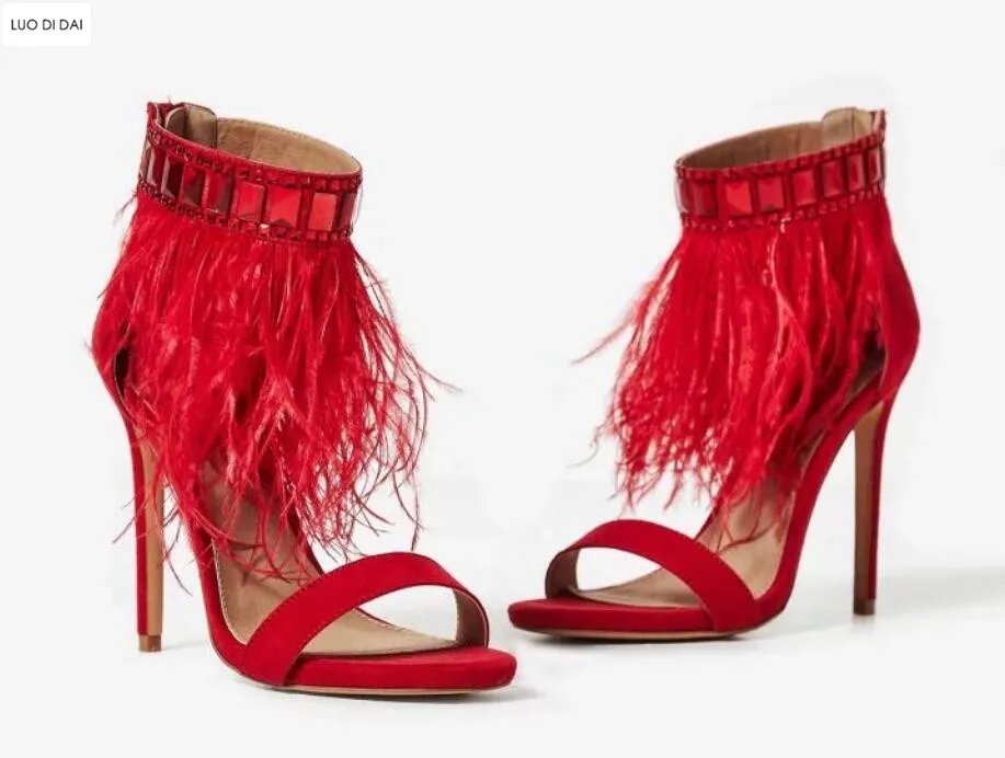 

2018 women Embellished sandals wedding shoes diamond high heels glitter feather sandals open toe sandals red party shoes lady