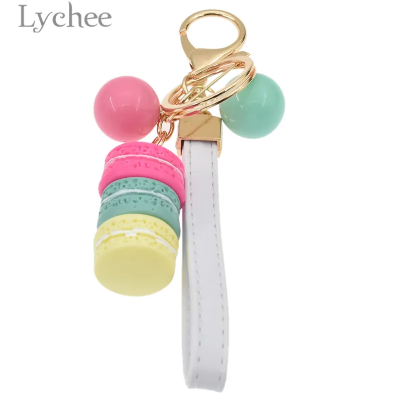 

Lychee Kawaii Acrylic Beads Macaron Female Key Chains Candy Color Cake PU Leather Rope Key Chains Cute Jewelry for Girls Women