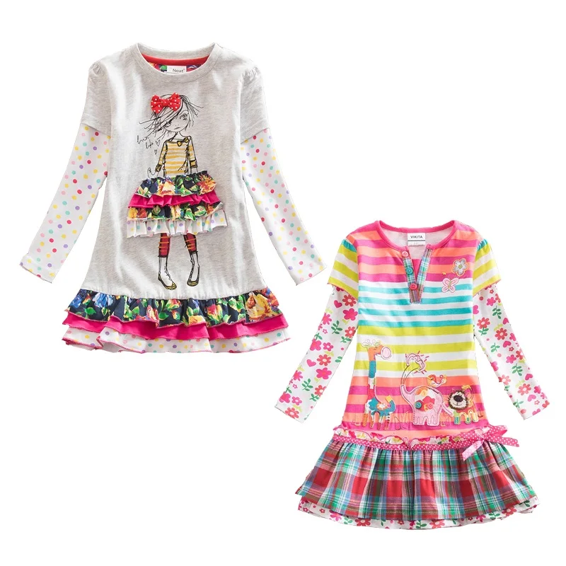 VIKITA платья для девочек, хлопковое детское платье с цветочным принтом Детские платья для малышей платья с длинными рукавами и круглым вырезом для девочек 2 шт./лот, F5061 Mix
