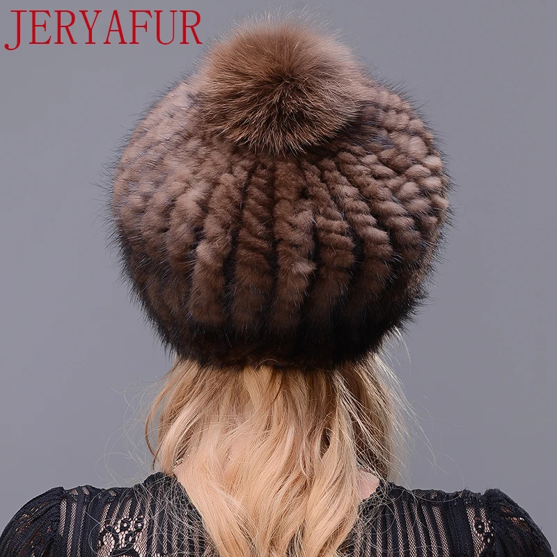 JERYAFUR, настоящий натуральный норковый мех, берет, шапка, зимняя женская лыжная шапка, негабаритный мех лисы, помпон, черная, коричневая шапка, шапка