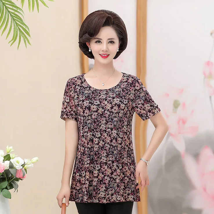

2019 summer new middle age women short sleeve t-shirts plus size stretch mother tee printed lace bottoming shirt
