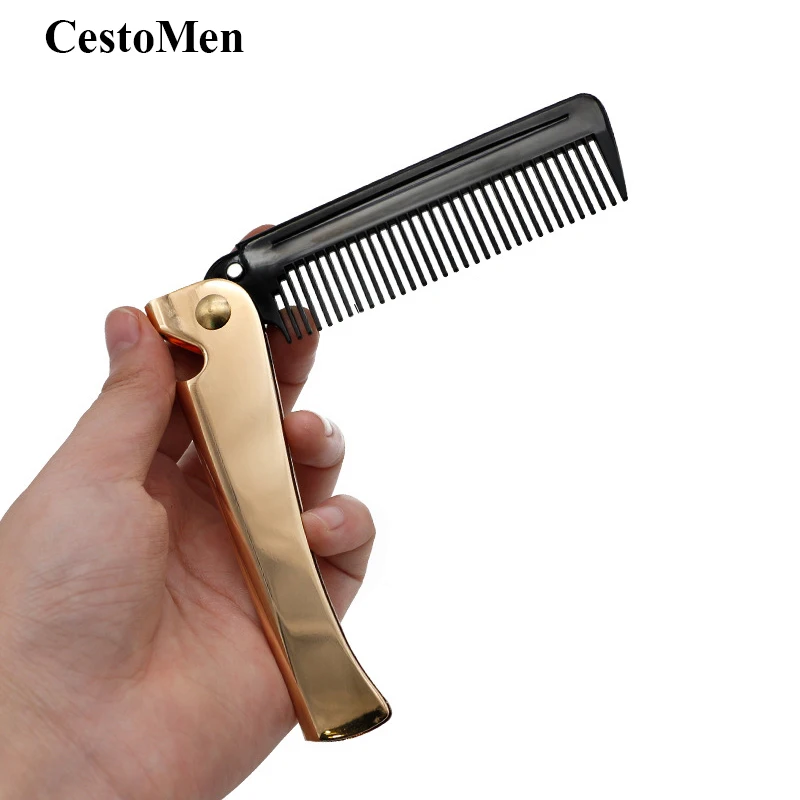 

CestoMen Gold Stainless Steel Handle Barber Comb Plastic Fine Toothed Men Beard Comb Metal Folding Pocket Knife Comb For Beard